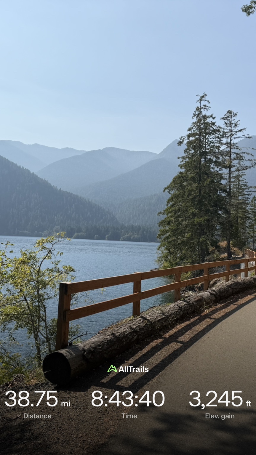 View of Lake Crescent and the surrounding Olympic Mountains from the Spruce Railroad Trail after a 38.75-mile run