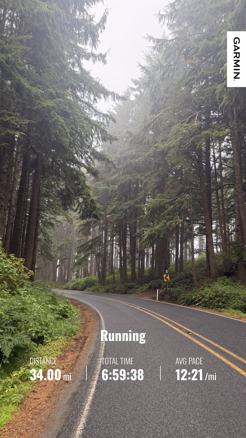 A misty coastal forest road during Matthew’s 34-mile run from Pacific Beach to Aberdeen