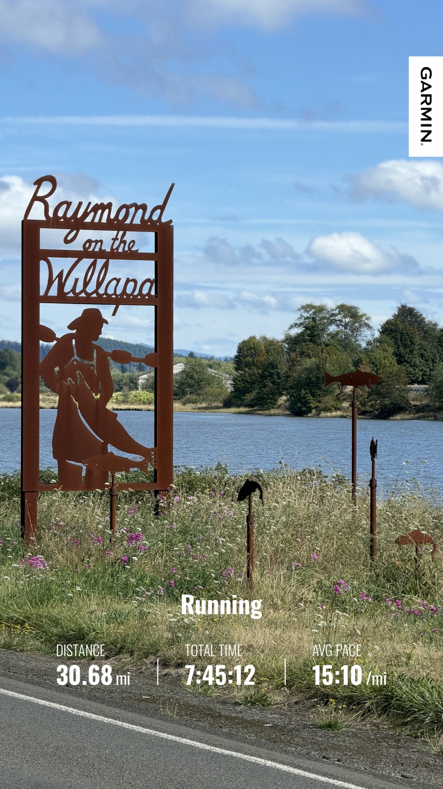 Raymond on the Willapa waterfront sign beside the water after Matthew’s 30.68-mile journey into Raymond