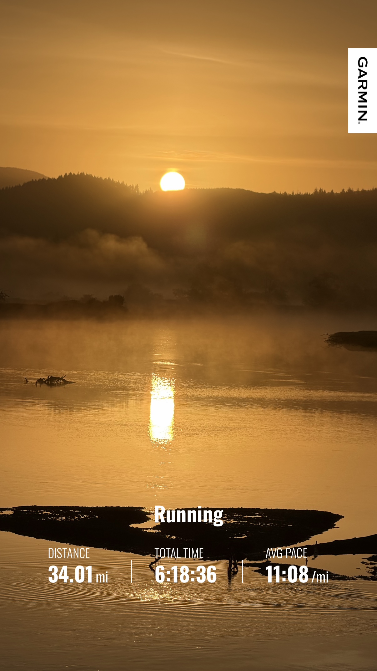 Golden sunrise over the Columbia River with Matthew’s Garmin summary from his journey into Oregon
