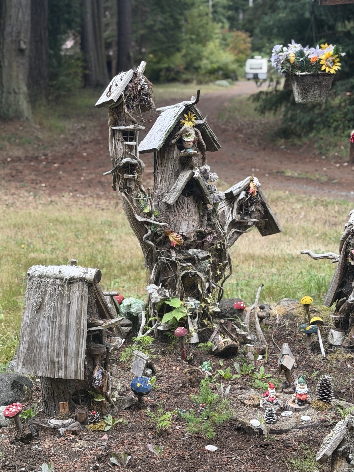 A whimsical woodland fairy village made from weathered wood, flowers, mushrooms, and tiny figures
