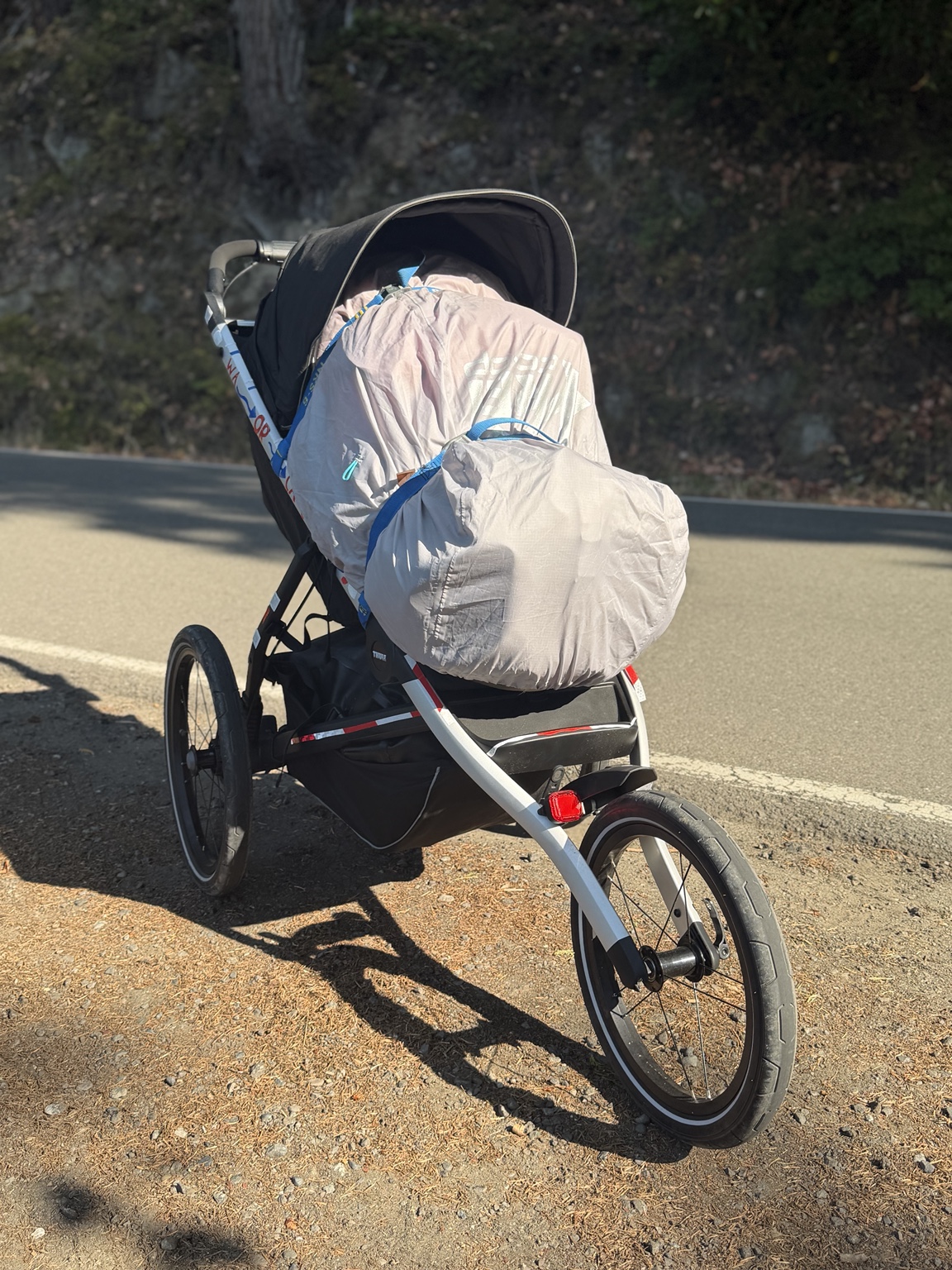 Matthew’s covered running stroller resting beside Highway 101