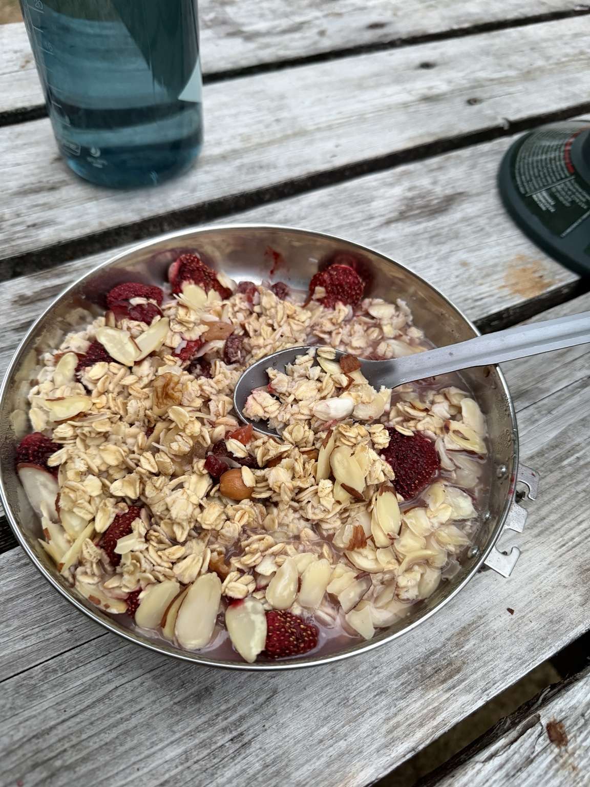 A bowl of oats, strawberries, and almonds on a campground picnic table