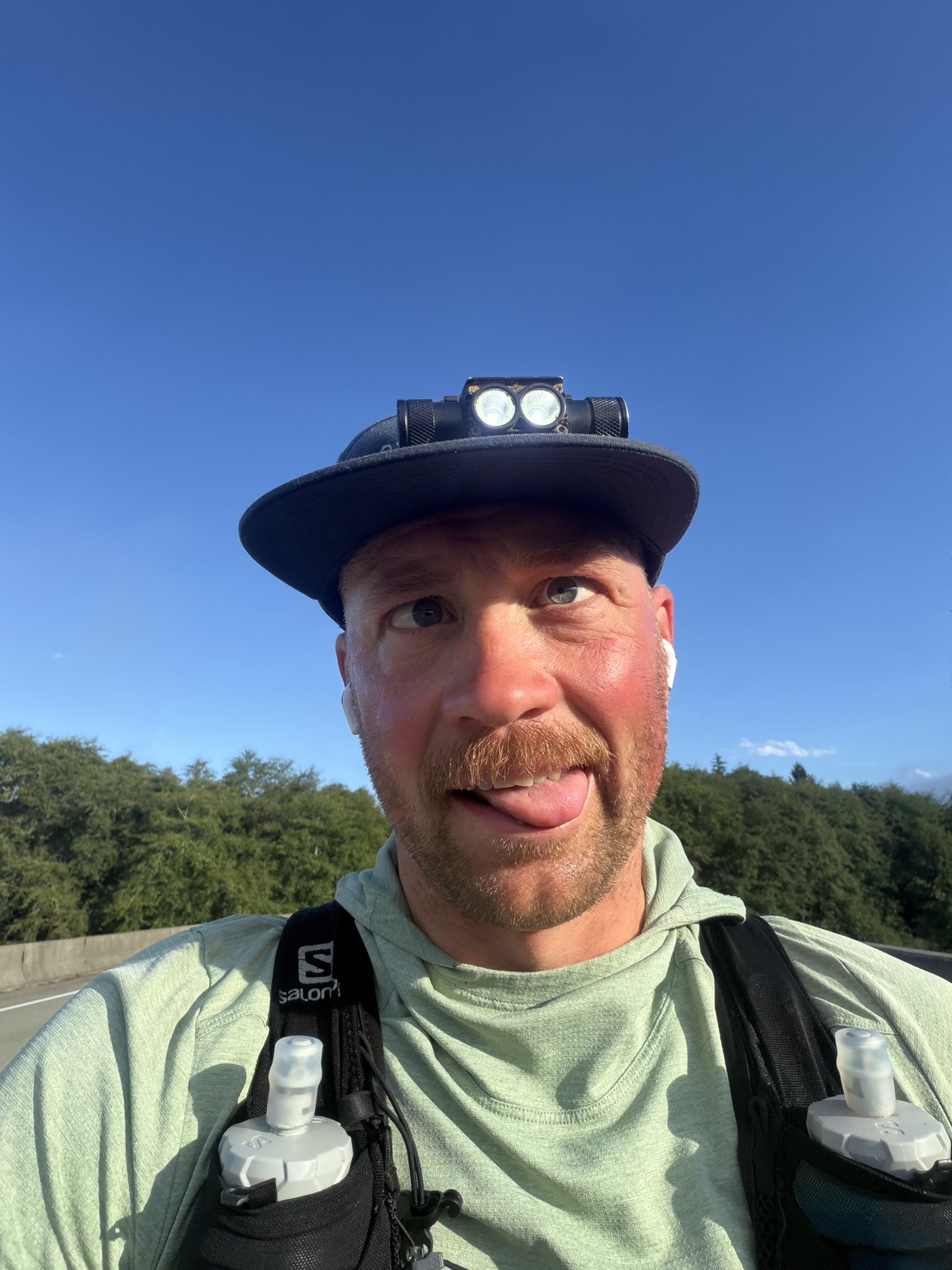 Matthew making a playful face during his 32.88-mile run toward Lake Quinault