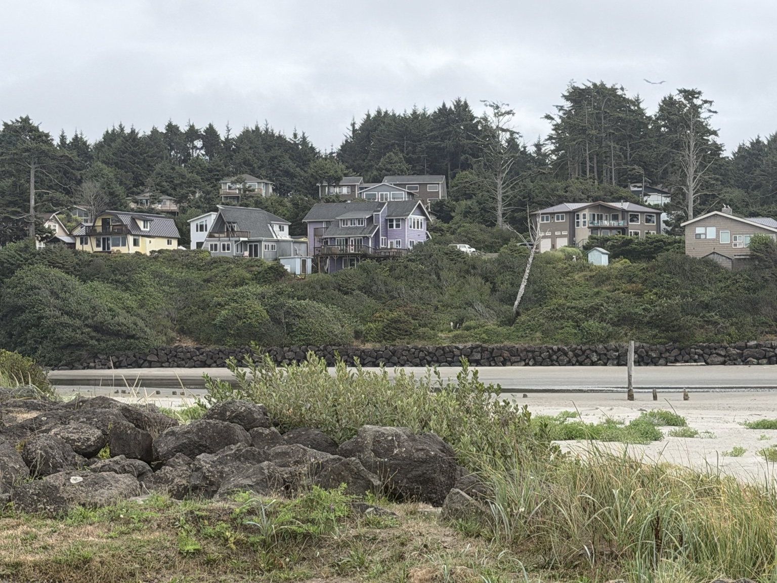 Coastal homes overlooking a quiet inlet beneath an overcast sky