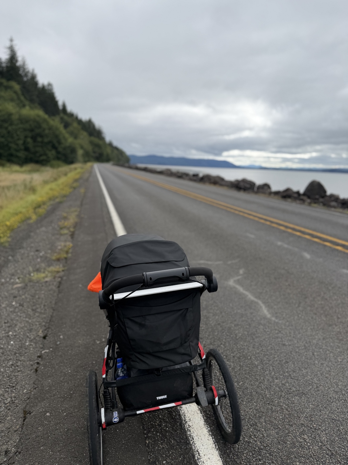 Matthew’s running stroller on the shoulder of a road beside Willapa Bay