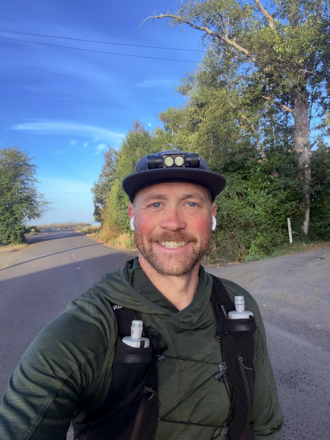 Matthew smiling during his first morning running south through Oregon