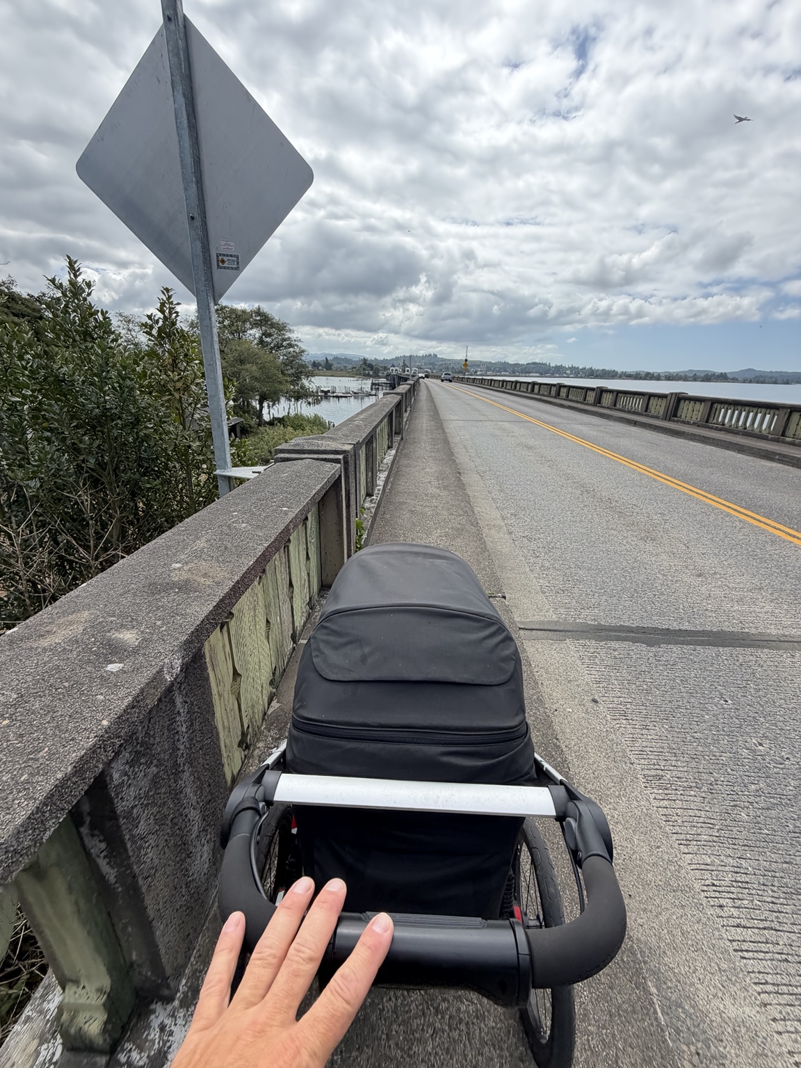 View over Matthew’s running stroller while crossing the Youngs Bay Bridge south of Astoria