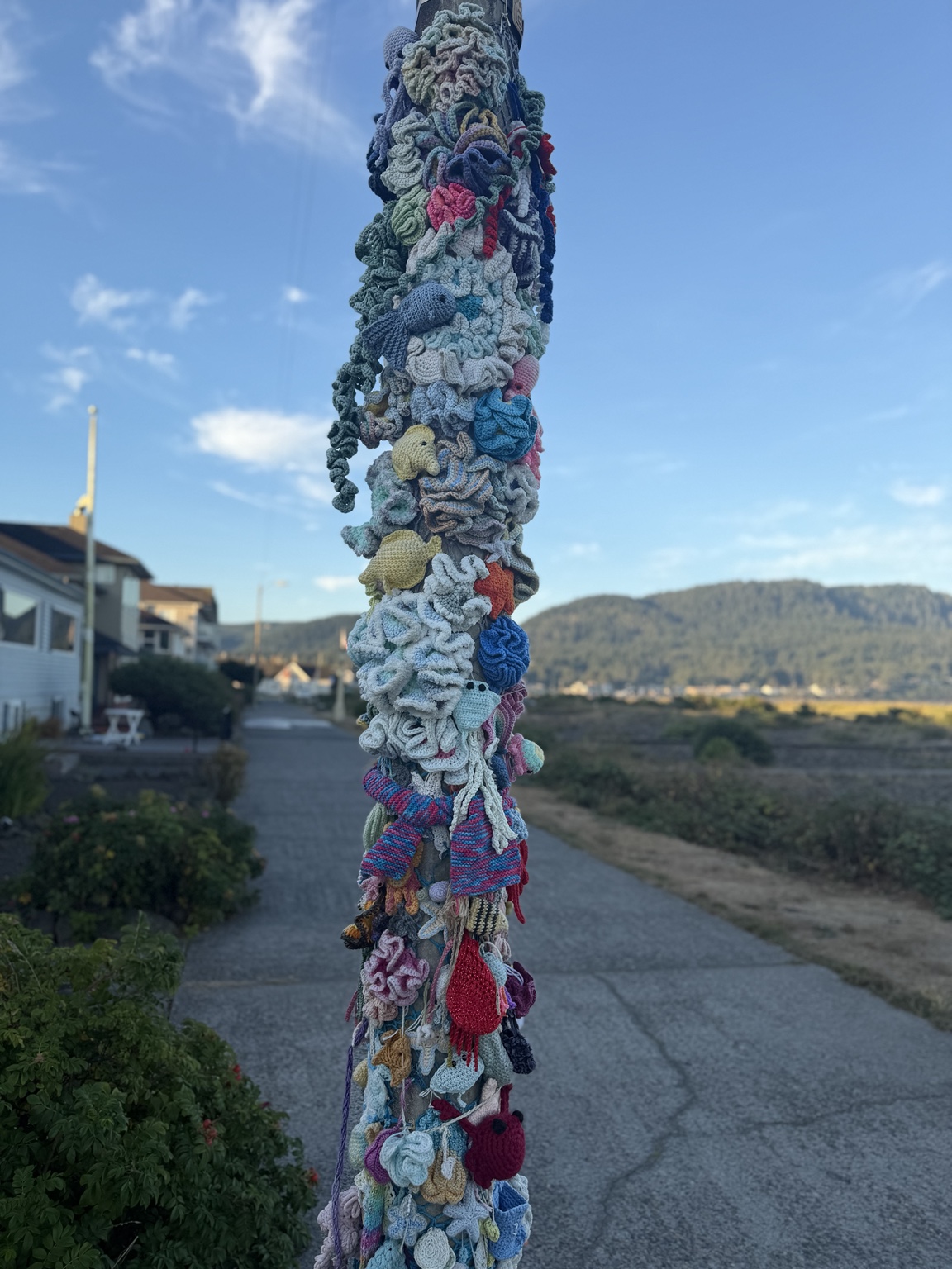 Colorful crocheted sea creatures wrapped around a post along the Oregon Coast
