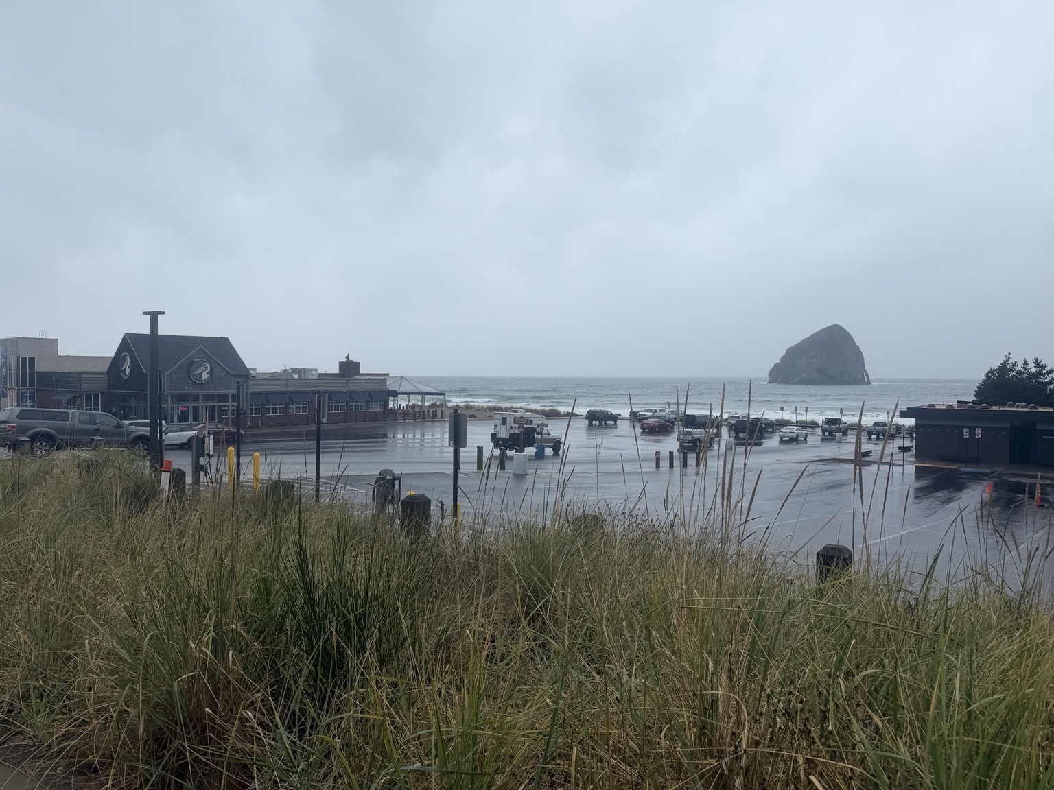 Pelican Brewing beside the rainy beach with Haystack Rock offshore in Pacific City