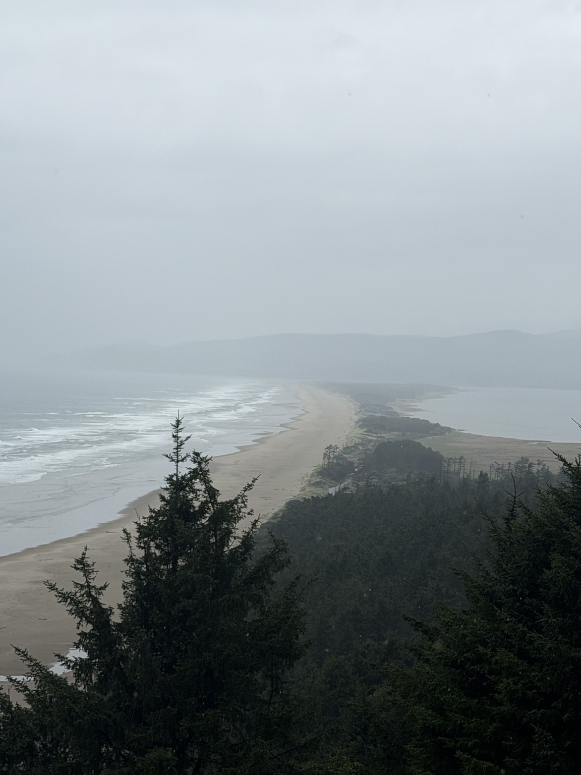 A rain-soaked view over a long sandy beach and coastal dunes between Netarts and Pacific City